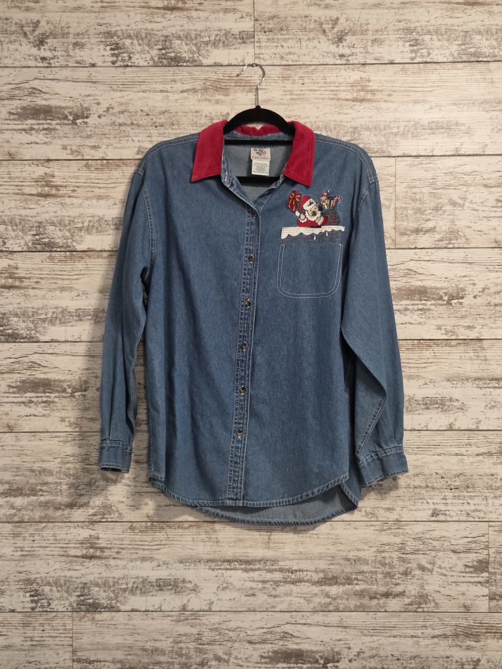 Denim Button-Up Shirt with Red Velvet Collar and Embroidered Santa